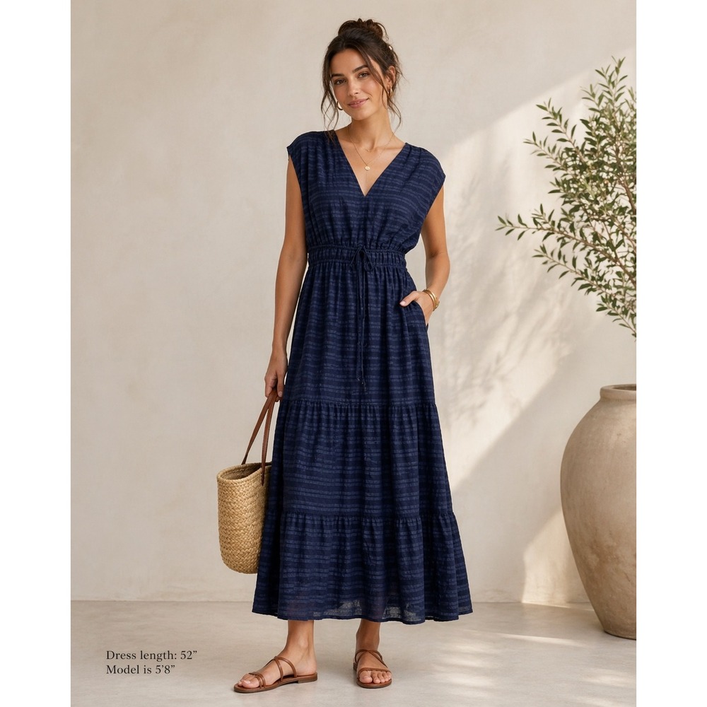 Marie Oliver Indy striped tiered sleeveless maxi dress Size S navy blue‎ v neck
